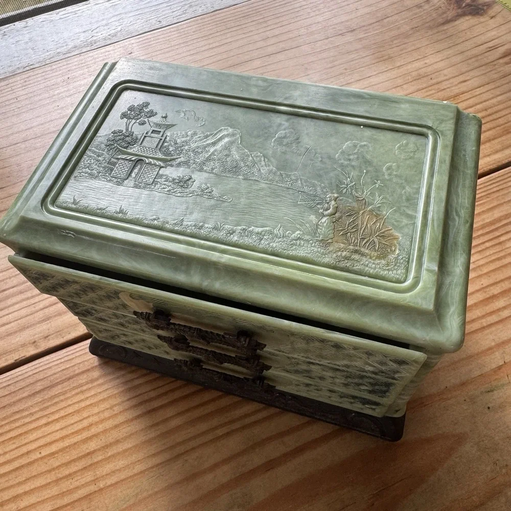 Vintage Faux Jade Chinoiserie Jewelry Box | 3-Drawer‎ Dragon Pulls | Mid Century